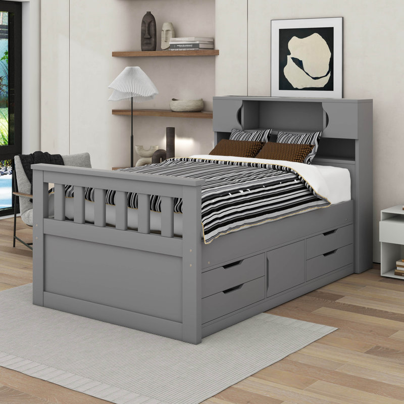 Twin Size Captain Platform Bed Frame with Storage in Gray